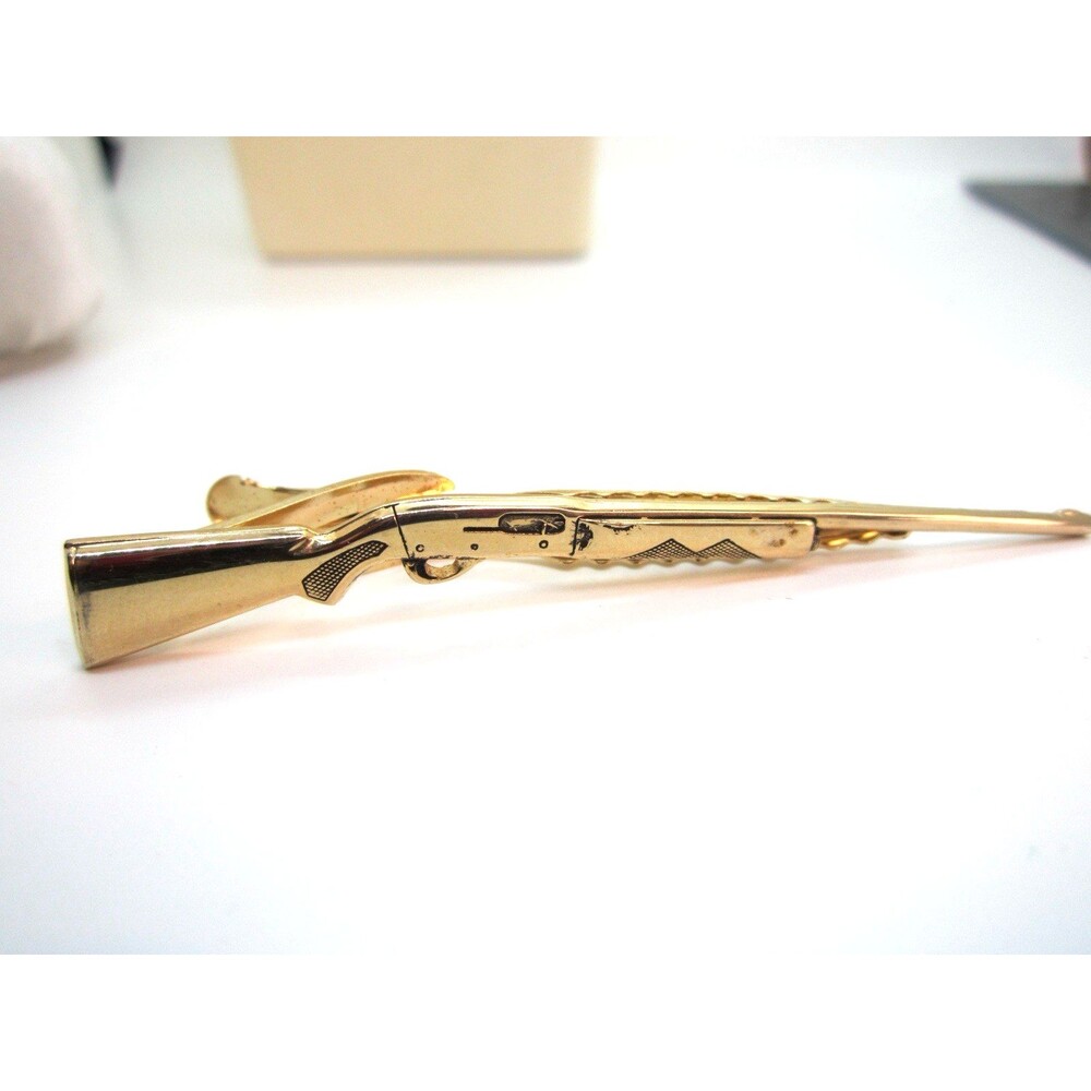 Vintage Hickok Signed Gold Tone Rifle Gun Tie Bar/Clip Clasp Men's Hunting Theme